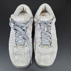 K-Swiss Women's K-64 Low Top Size US 7 Sneakers Gray Suede With Lavender Stripes